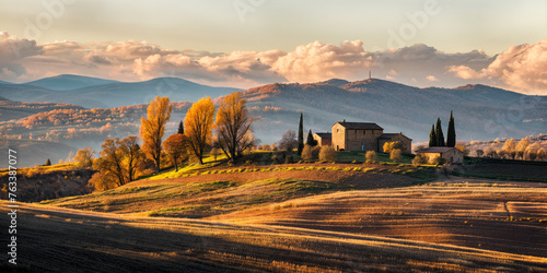 paysage de la campagne Toscane en Italie à l'automne, colline et ferme isolée à la lumière du soir photo