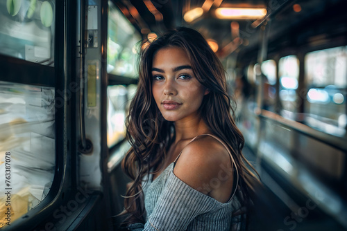 femme brune en caraco de laine gris dans un wagon de métro
