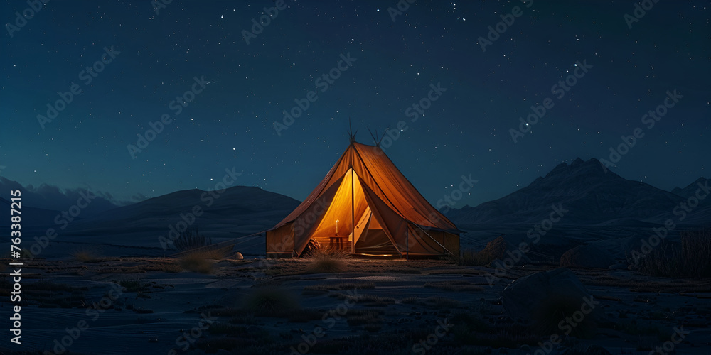 A peaceful campsite with a tent a fire in night