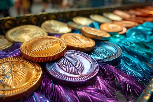 Vibrant Mardi Gras Doubloons Coins from a Krewe Celebration Parade. Concept Costume Inspiration, Parade Floats, Traditional Masks, Street Performances, Festive Decorations photo