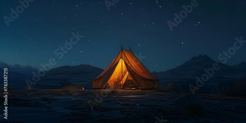 A peaceful campsite with a tent a fire in night