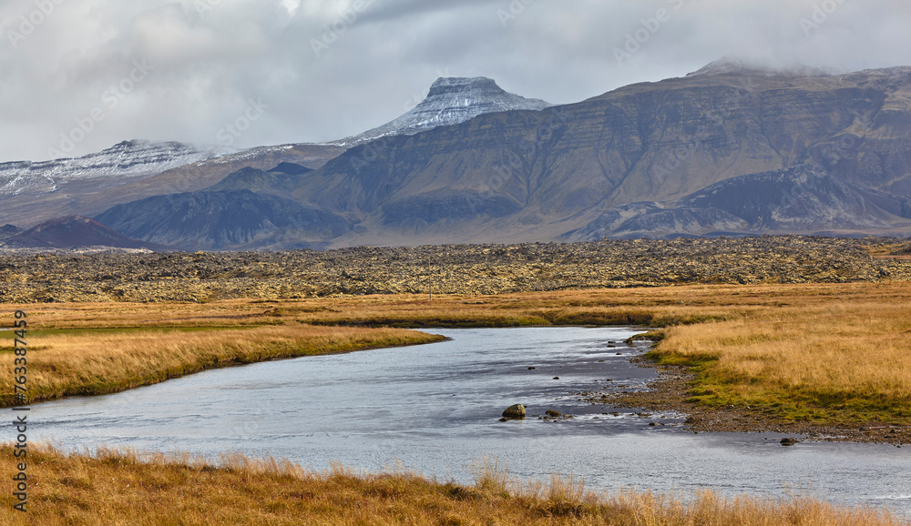Rugged landscape on the Snaefellsnes peninsula along the west coast of Iceland; Iceland Rugged landscape on the Snaefellsnes peninsula along the west coast of Iceland; Iceland