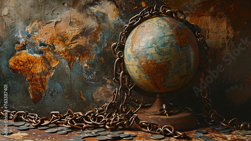 Economic crisis, globe weighed down by large chains and coin money, a concept of the Global recession economy and declining photo
