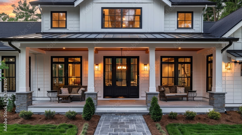 Fototapeta premium Exterior architecture image of modern farmhouse front door porch
