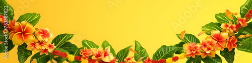 Floral Indian garland toran of marigold flowers and mango leaves on yellow background. Decoration for hindu holidays. Banner for Ugadi, Gudi Padva, Hindu New Year, Diwali, Onam, Pongal with copy space photo