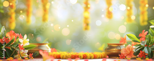 Composition with copper Kalash with floral garland toran of marigold flowers and mango leaves. Decoration for hindu holidays. Banner for Ugadi, Gudi Padva, Hindu New Year, Diwali, Onam, Pongal photo