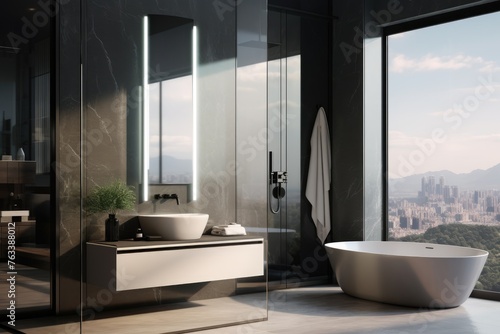Stylish minimalist bathroom with a futuristic smart mirror © gankevstock