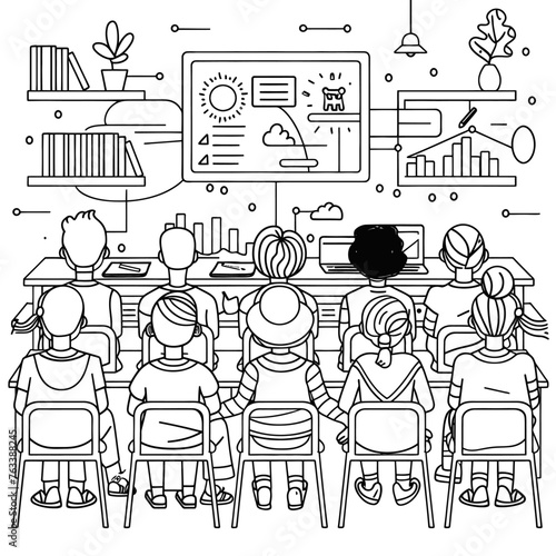 Outline illustration for positive learning situations in the classroom at school