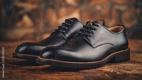 Black leather shoes impeccably aligned alongside photo