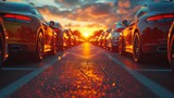 Luxury cars lined up on a wet road at sunset. Shiny sports cars reflecting the evening glow on a highway. Prestige vehicles parked under a vibrant sunset sky.
