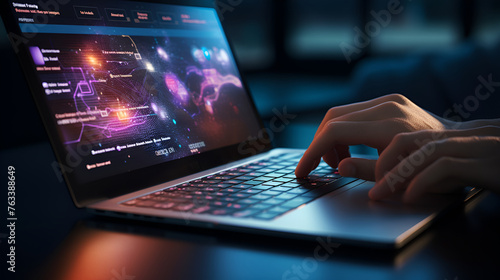 A male hand navigates interface options on a laptop trackpad, subtle graphics on screen envisioning innovative strategies to connect brands virtually in our technology-integrated world