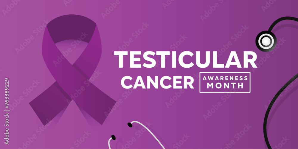 Testicular Cancer Awareness Month. Stestoscope and ribbon. Great for cards, banners, posters, social media and more. Purple Background. 