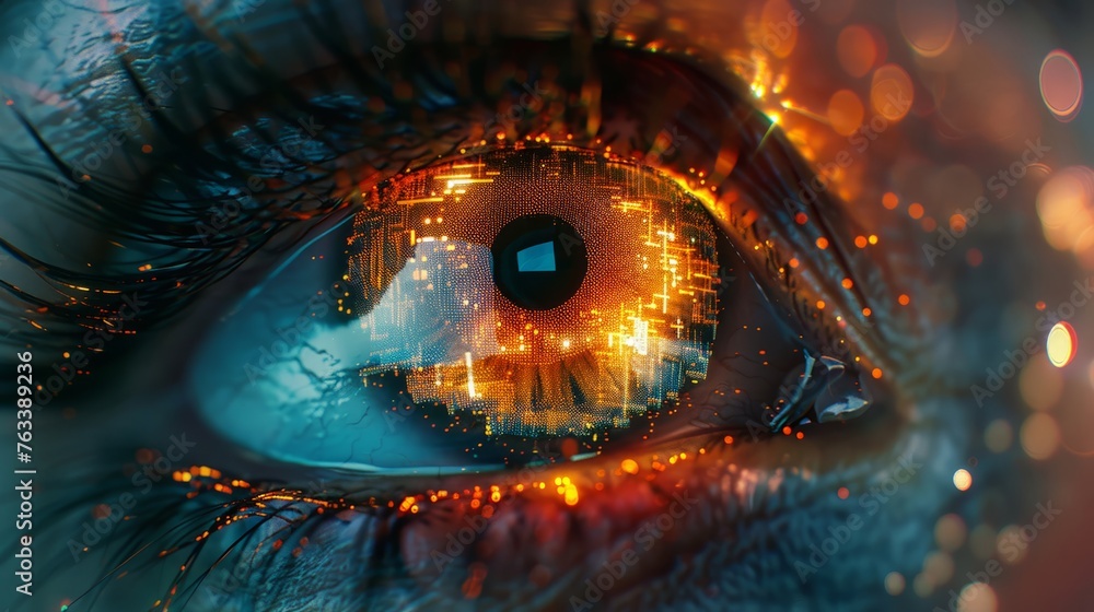 Vivid human iris adorned with a digital glitch effect, a modern twist on natural beauty Vivid human iris adorned with a digital glitch effect, a modern twist on natural beauty
