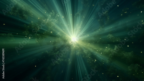 Dramatic cosmic explosion with green rays and particles in space