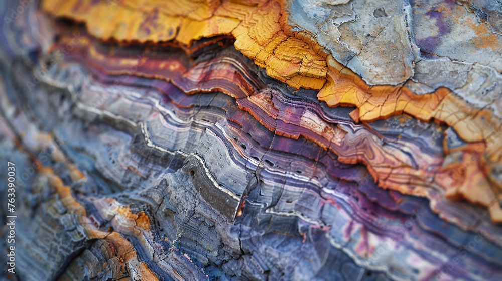 Macro of layered sediment in rock, colorful science detail, crystal clear focus, soft lighting
