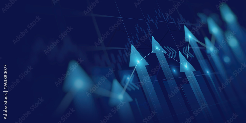 Abstract financial graph with uptrend line and arrows in stock market on blue color background - obrazy, fototapety, plakaty 