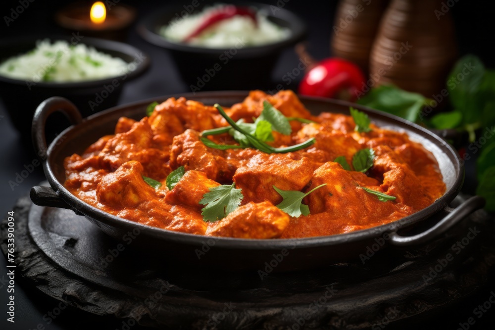 Tasty chicken tikka masala on a slate plate against an antique mirror background Tasty chicken tikka masala on a slate plate against an antique mirror background