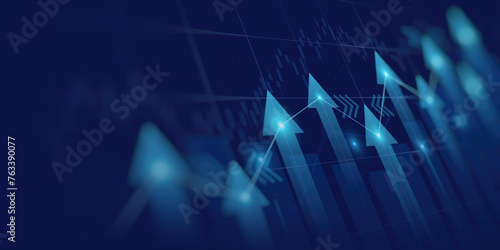 Abstract financial graph with uptrend line and arrows in stock market on blue color background