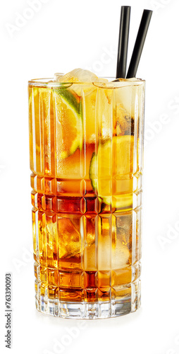 Tall tumbler full of rum and cola cocktail with drinking straws isolated on white background.