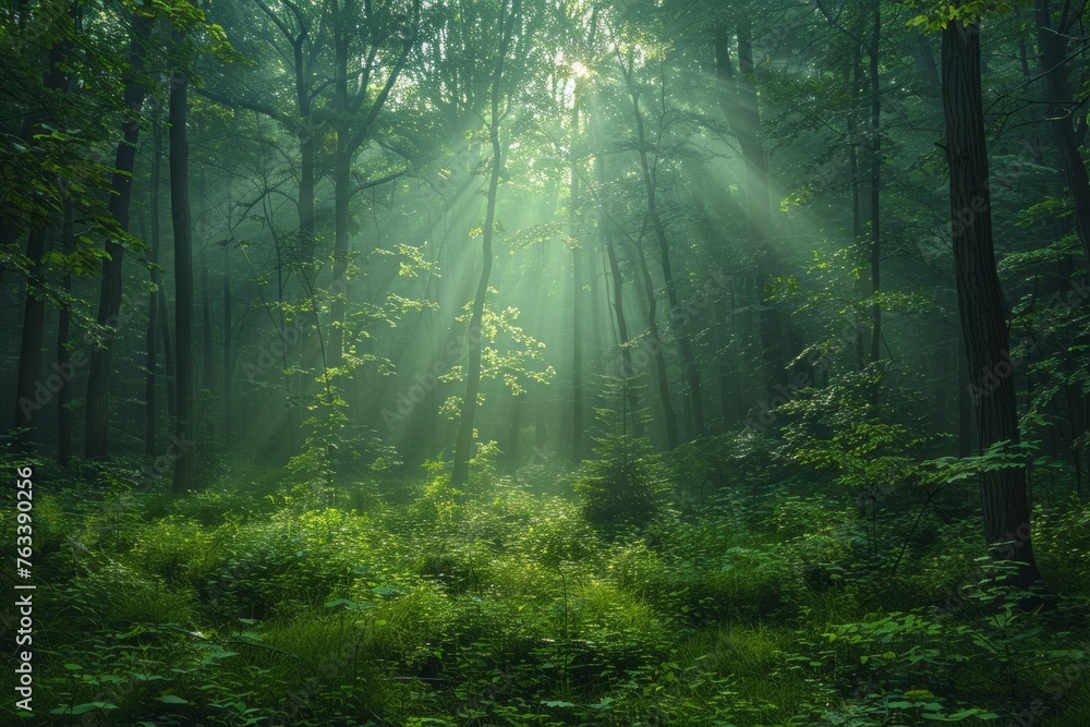 Shafts of light pierce the canopy of a dense forest, illuminating the undergrowth in a verdant glade. - obrazy, fototapety, plakaty 