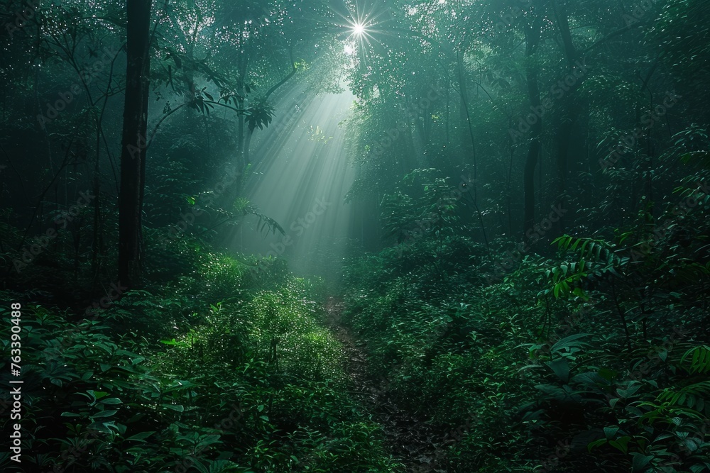 Sunbeams filter through the dense foliage of a lush green forest, creating a mystical and tranquil scene.