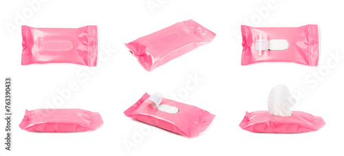 Pack of wet wipes isolated on white background. An open pack of hand and body wipes. Mockup. A clean packet of wet wipes. Place for text. Design