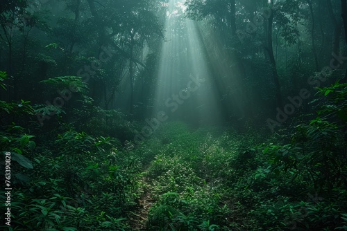 Sunbeams filter through the dense foliage of a lush green forest, creating a mystical and tranquil scene.