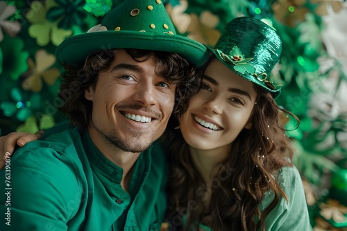 Pair chuckles surrounded by festive accessories embracing St Patricks Day celebration. Concept St, Patrick's Day Photoshoot, Festive Props, Chuckles and Smiles, Green Outfits, Holiday Celebrations
