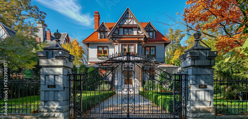 The crisp air of a clear day highlights a 2-story 19th-century house in Tremont, its dove gray walls and ruby red gable roof standing vibrant behind an elegant wrought iron gate photo