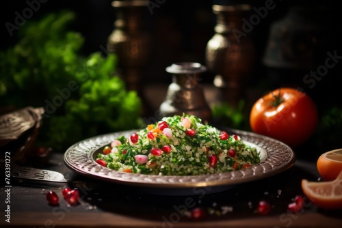 Juicy tabbouleh on a rustic plate against an antique mirror background photo