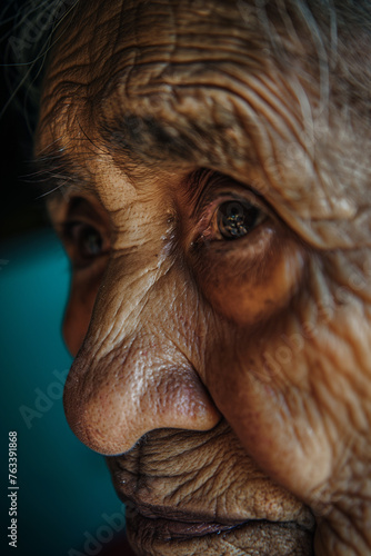 Close-up of the face of an elderly woman with deep wrinkles Generative AI © kinomaster
