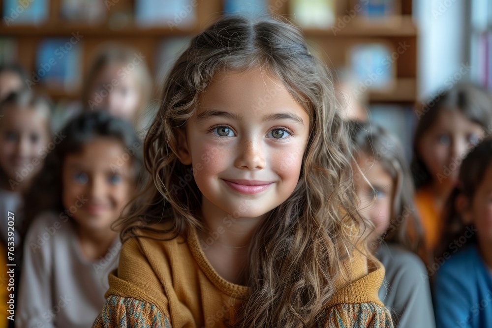 Curly-haired girl with blue eyes smiling, surrounded by her peers. Curly-haired girl with blue eyes smiling, surrounded by her peers.