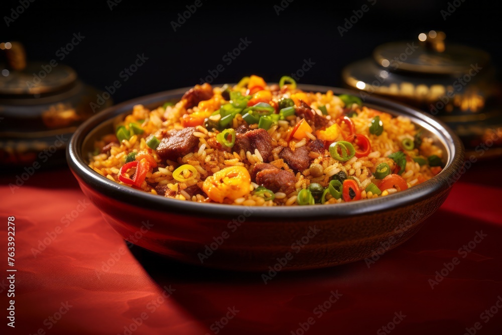 Hearty fried rice in a clay dish against a ceramic mosaic background Hearty fried rice in a clay dish against a ceramic mosaic background