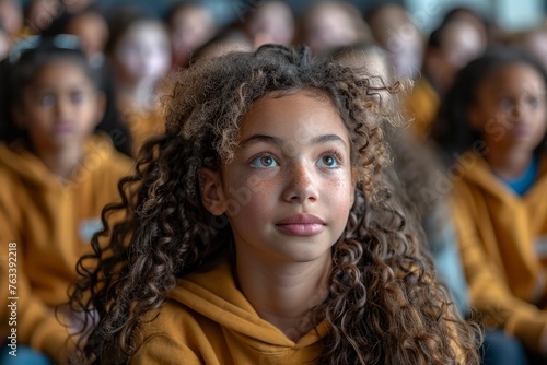 Thoughtful young girl with curly hair and classmates in yellow.