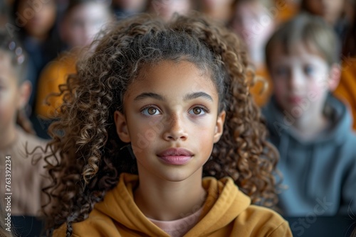 Thoughtful young girl with curly hair and classmates in yellow.