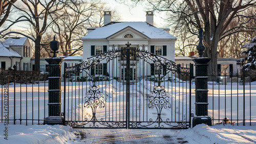 The intense noon sun highlights the stark white of a Colonial Revival Cleveland house, creating a striking contrast with a wrought iron gate in midnight blue