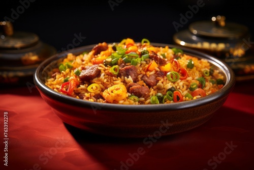 Hearty fried rice in a clay dish against a ceramic mosaic background