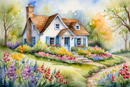 A cozy watercolor cottage surrounded by spring flowers, offering a sense of home, warmth, and the rejuvenation of nature