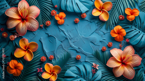 3d blue and orange vibrant colored textured background with tropical palm tree leaves and flowers.