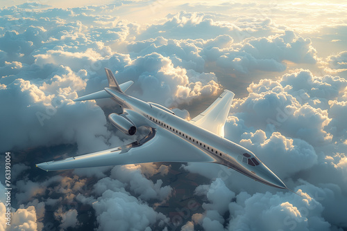 Futuristic supersonic aircraft gliding above the clouds at sunset