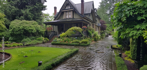 A rainy day accentuates the charm of a Victorian house in Lakewood, with half-timbering in shades of moss green and dove gray. Raindrops glisten on the lush surrounding greenery and the stone path