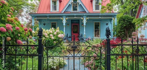 The vibrant colors of spring frame a 2-story 19th-century house in Tremont, with pastel blue walls and a cherry red gable roof, all secured behind a classic wrought iron gate photo