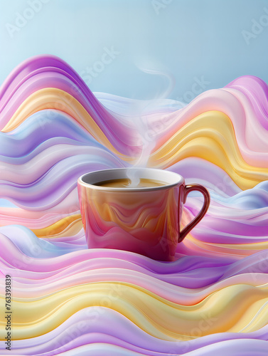 Heavenly coffee in an ombre coffee mug with steam in a light pastel color landscape.