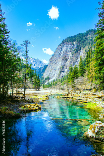 Jiuzhaigou Valley, Aba Qiang and Tibetan Autonomous Prefecture, Sichuan Province - beautiful lakes and mountains under the blue sky