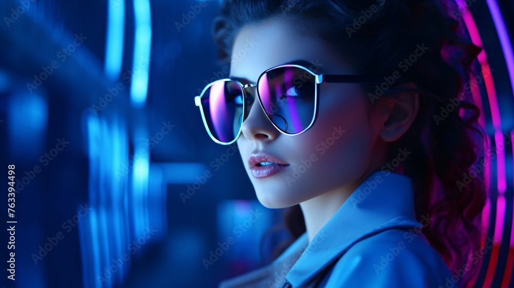 Girl experiences augmented reality. Beautiful background enhances the journey. Girl experiences augmented reality. Beautiful background enhances the journey.