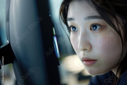 A close-up of a young Japanese woman diligently working at her computer © Venka