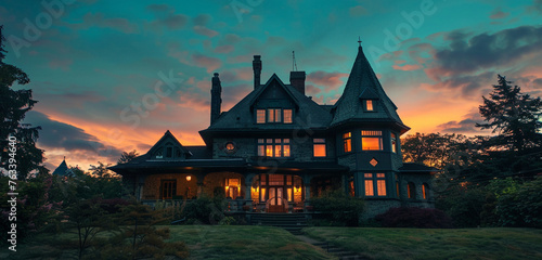Twilight envelops a 1920s French provincial house in Lakewood, with the turret silhouetted against a deep turquoise sky, windows glowing softly photo