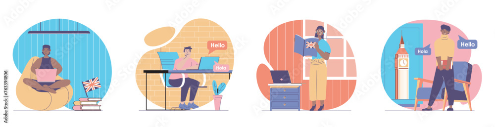 Language courses concept with people scenes set in flat web design. Bundle of character situations with students learning english and spanish at online educational classes. Vector illustrations. - obrazy, fototapety, plakaty 