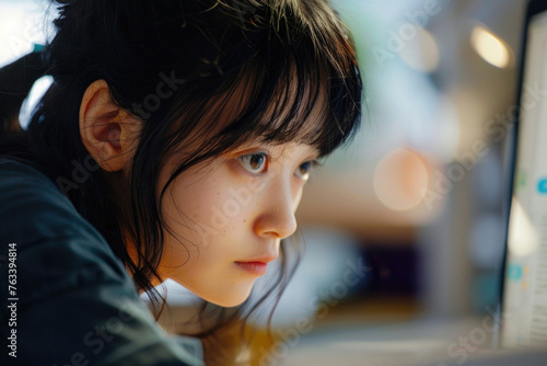 A close-up of a young Japanese woman diligently working at her computer