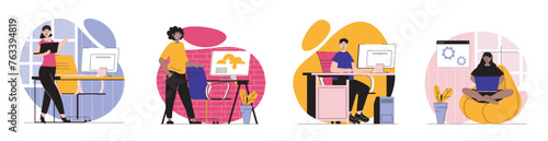 SaaS concept with people scenes set in flat web design. Bundle of character situations with clients using software, cloud storage and processing with subscriptions service. Vector illustrations.